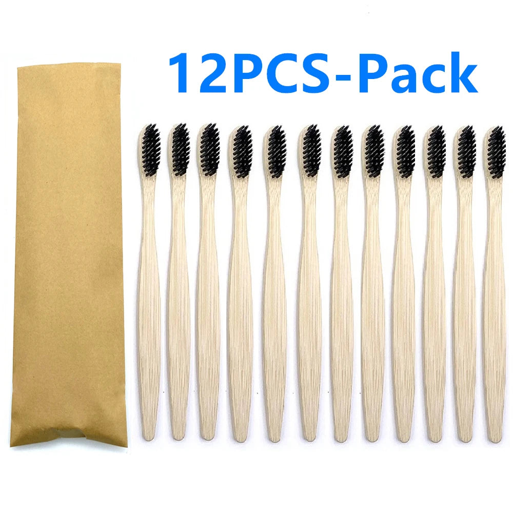 Set x12 Cepillos de Bambú Eco Friendly con Cerdas Suaves de Carbón – Colores Surtidos