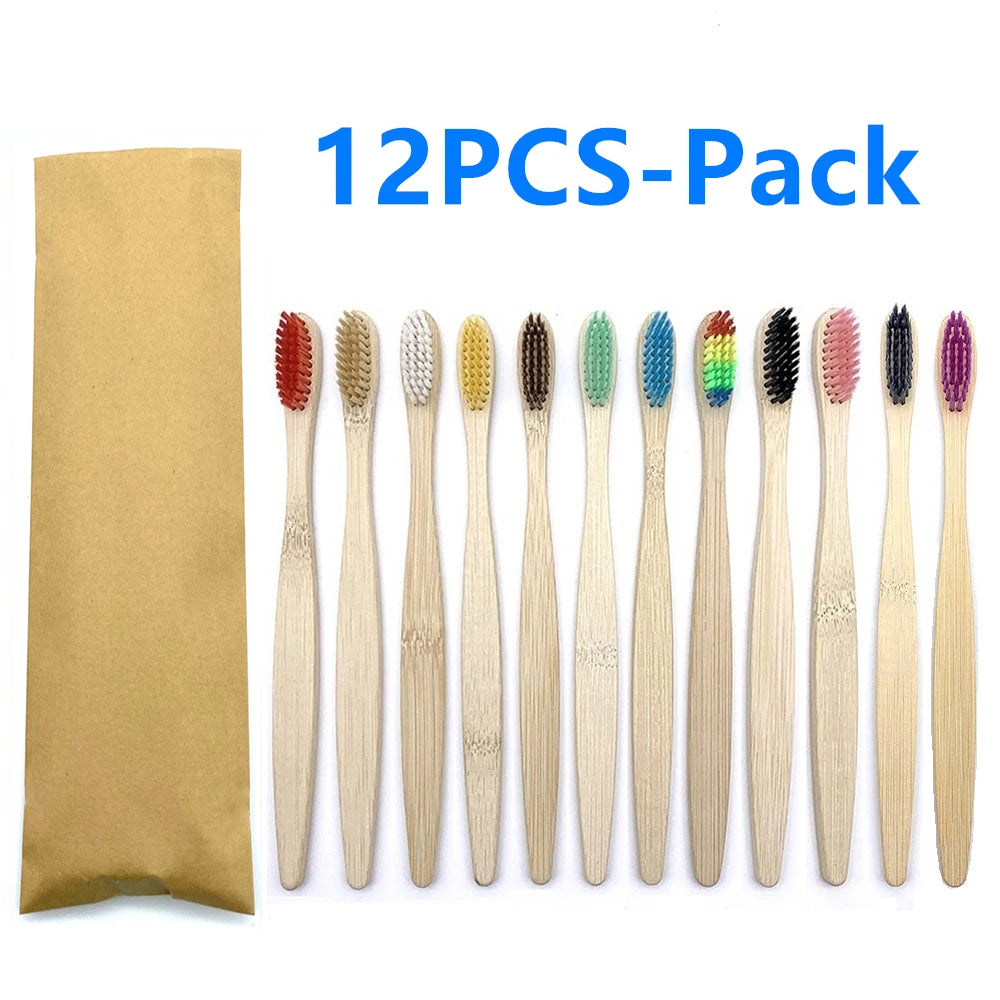 Set x12 Cepillos de Bambú Eco Friendly con Cerdas Suaves de Carbón – Colores Surtidos