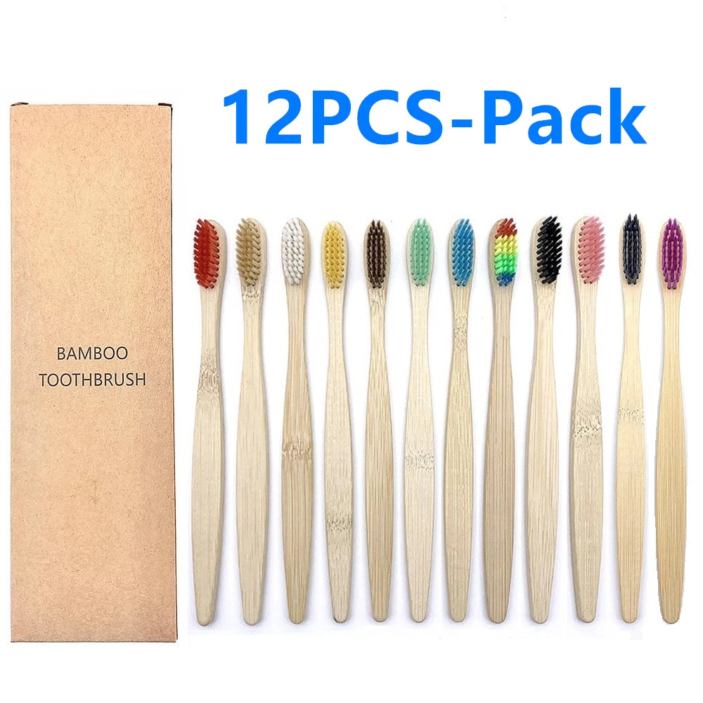 Set x12 Cepillos de Bambú Eco Friendly con Cerdas Suaves de Carbón – Colores Surtidos