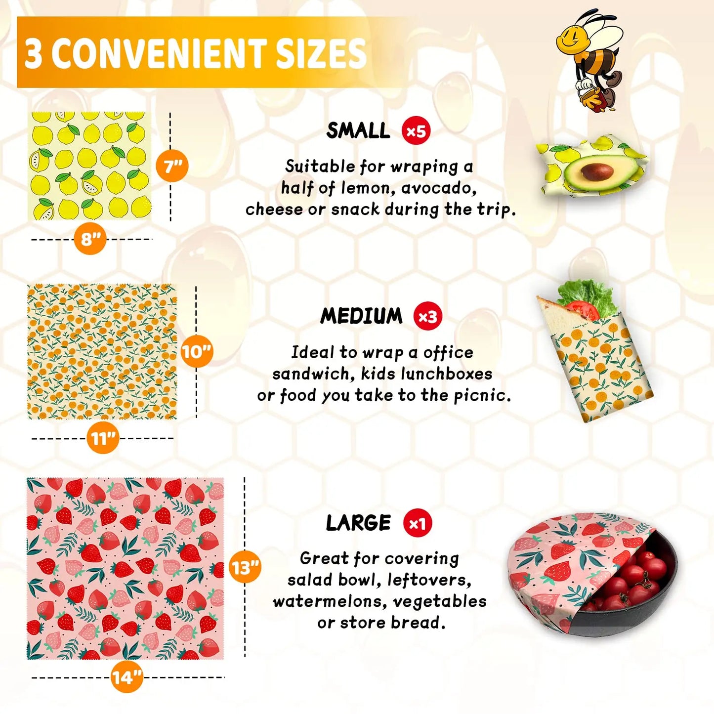 Set de 3 Envolturas Reutilizables de Cera de Abeja – Algodón Orgánico